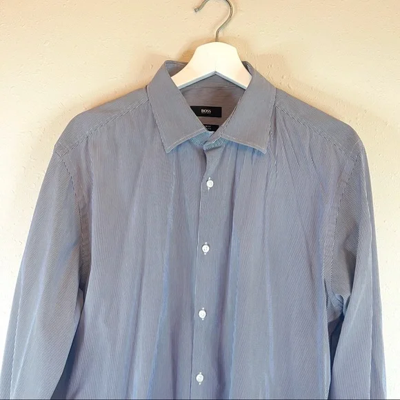 Hugo Boss Men’s Black Label Blue White Striped Shirt Sz 43/17 - Picture 3 of 13
